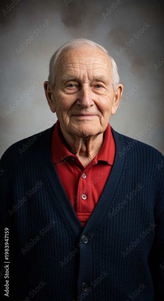 Obraz premium Portrait of a dignified elderly man posing for a heritage feature in a blue cardigan and red collared shirt against a neutral studio background with copy space