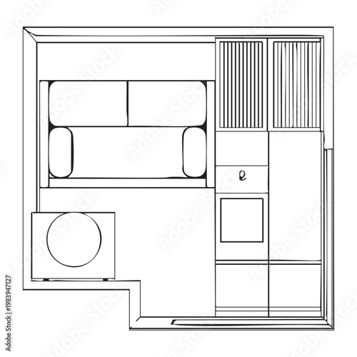 Black and white line of a kitchen interior with sink stove refrigerator and cabinets line kitchen