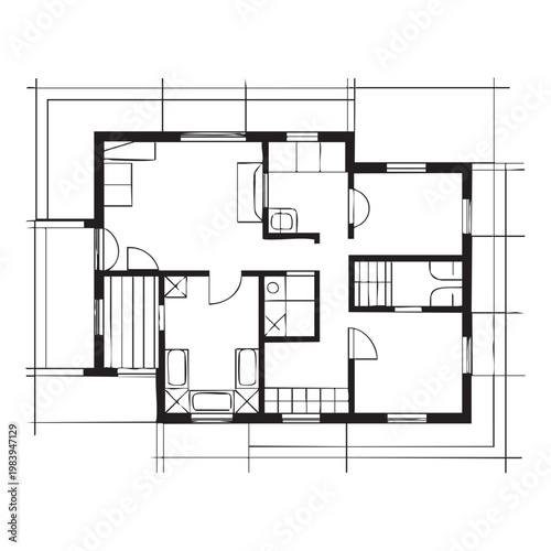 Black and white line of a kitchen interior with appliances and furniture line kitchen