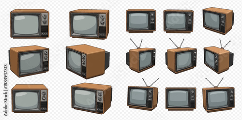 Set of retro vintage television receivers with antennas in various angles on transparent background.