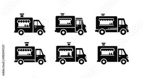 Six black food truck icons displayed in a simple silhouette