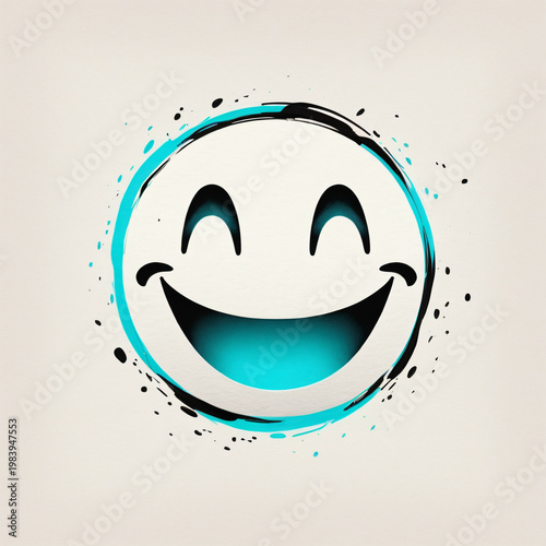 Artistic happy smiley face icon with ink splashes and teal color accents.