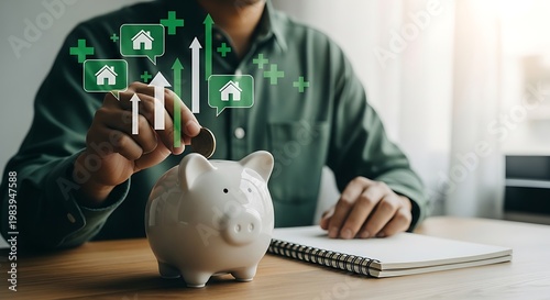 Man saving money in a piggy bank with house and growth symbols