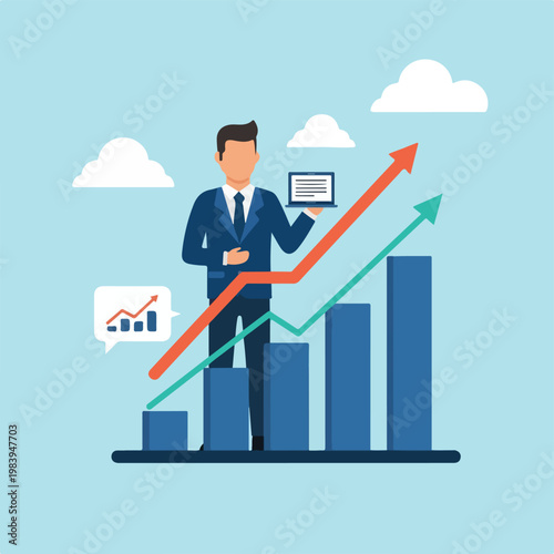 Businessman standing with growing graph chart.