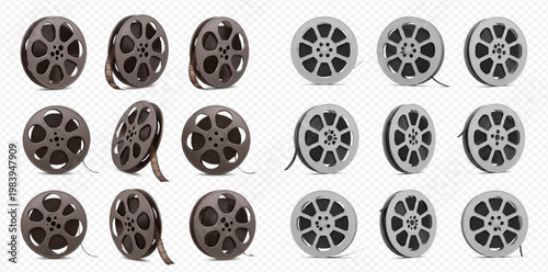 Set of vintage film reels in various angles, illustrating classic cinema and movie production equipment.