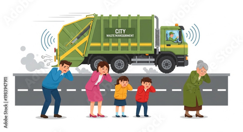 Garbage Truck Driving Near Family Covering Noses.