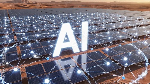 Futuristic ai logo animation with glowing effects in a desert solar panel field at sunset