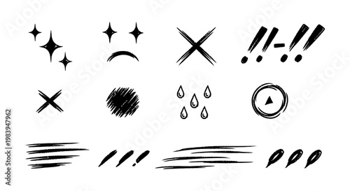 collection of hand-drawn graphic elements and doodle icons with grunge texture perfect for design projects and visual communication