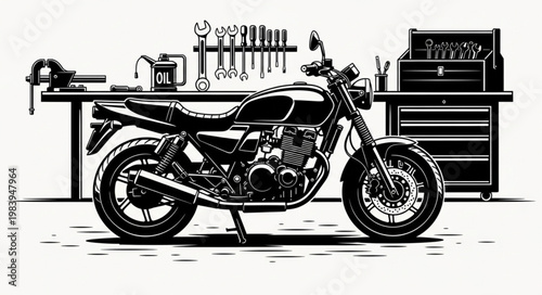 Classic Motorcycle in a Workshop with Tools.