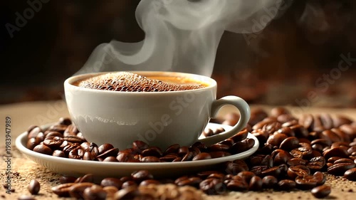 Steaming Cup of Coffee Surrounded by Roasted Coffee Beans.