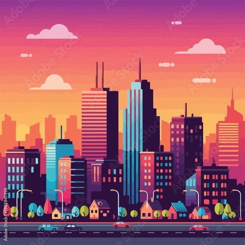 City Skyline with Tall Skyscrapers Downtown.