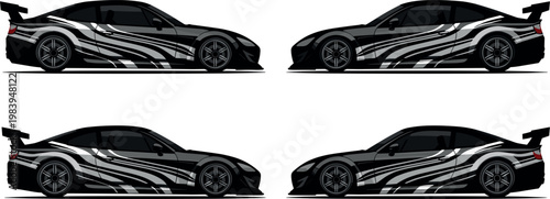 Sport car side view set with racing livery stripes aerodynamic coupe design high performance vehicle vector illustration