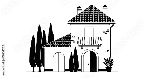 Elegant Italian Villa with Cypress Trees and Balcony.