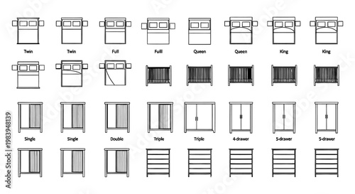 collection of line art icons for bedroom furniture and bedding
