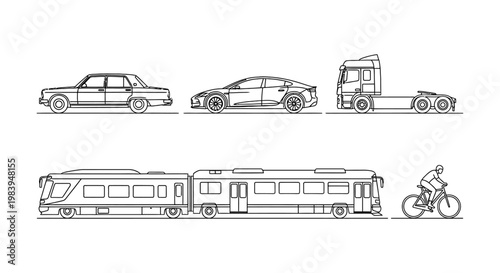 line art outline icons of transportation vehicles cars heavy truck train and bicycle for urban mobility and transport concepts.