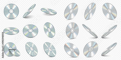 Set of realistic compact discs in various angles and positions, isolated on a transparent background.