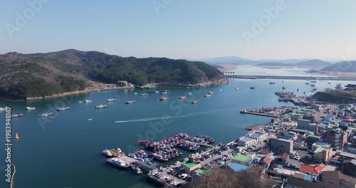 Aerial Drone Footage of Peaceful Ocheon Port and Chungcheong Suyeongseong Fortress, Boryeong, South Korea