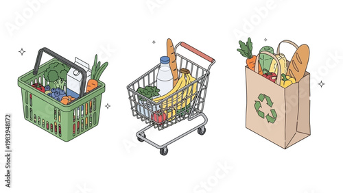 grocery shopping and fresh food concepts displayed with a full shopping cart reusable bag and basket on white