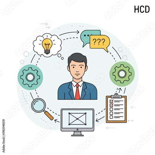 Businessman with computer and ideas.