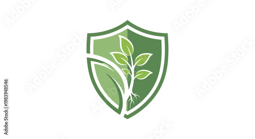 Green shield logo with plant and leaves nature protection emblem