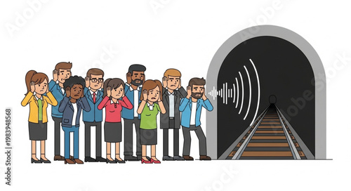 Group of people covering ears near tunnel entrance with sound waves.