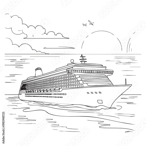 Large white cruise ship with detailed decks and lifeboats on calm blue ocean liner white ship