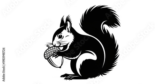 Black and white illustration of a squirrel holding an acorn.