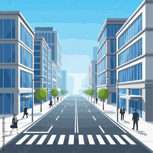 City street with modern office buildings.