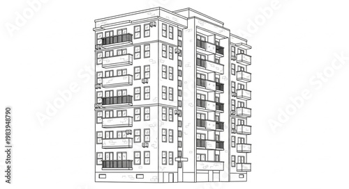 Hand Drawn Apartment Building Facade Illustration.
