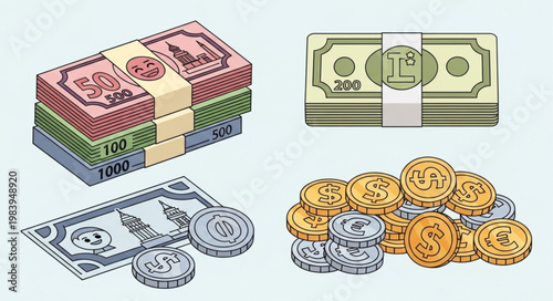 Stacks of Money and Coins Representing Wealth and Finance.