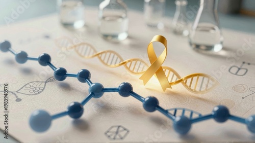 A yellow ribbon symbolizing hope stands out against a white background with molecular structures in blue and white