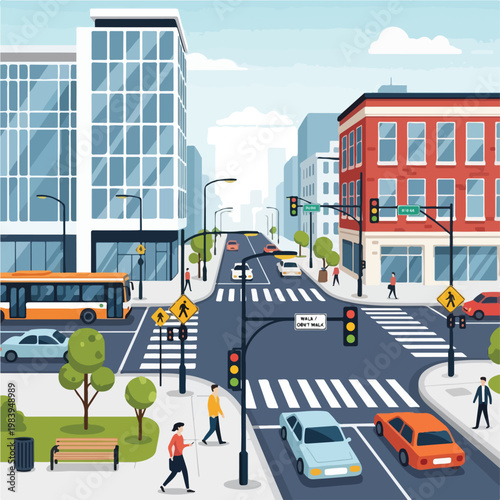 City Street with People Crossing Road.