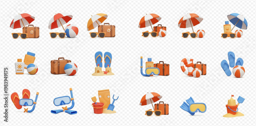 Collection of 3D summer vacation and travel icons, including beach umbrellas, suitcases, sunglasses, flip-flops, and snorkeling gear.