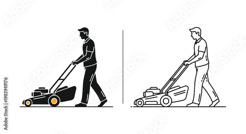 Man mowing lawn depicted in contrasting styles featuring a silhouette