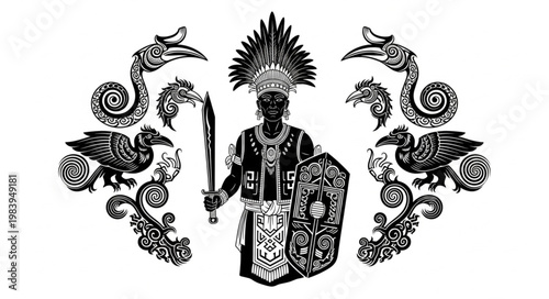 Warrior King with Sword and Shield Surrounded by Mythical Birds.