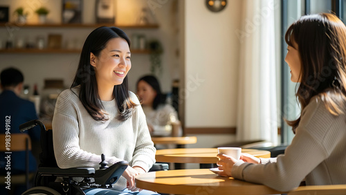 Wheelchair user having conversation in cafe with friend, inclusive lifestyle and communication concept