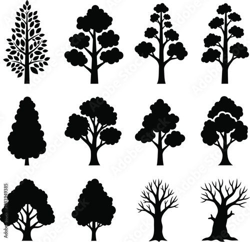 Various tree types silhouette icons