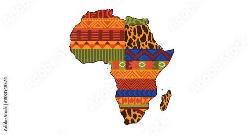 Vibrant colorful African continent map with traditional tribal patterns and textures