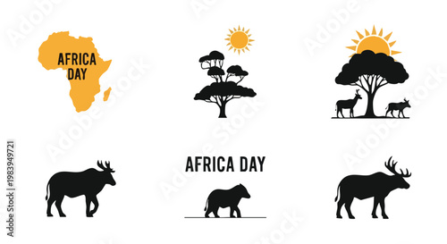 Africa Day celebration icons with animal silhouettes and continent map