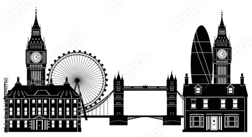 London Skyline Silhouette Famous Landmarks Buildings.