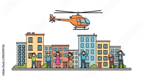 Helicopter flies over city buildings with people covering ears.