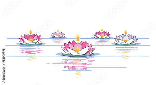 Serene floating lotus candles on calm water with reflections at sunset