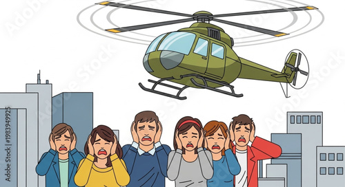 Helicopter flies over scared people in city.