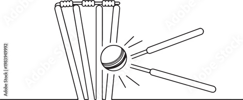 Minimal line art illustration of a cricket ball hitting the stumps, capturing a wicket moment. one line icon drawing vector