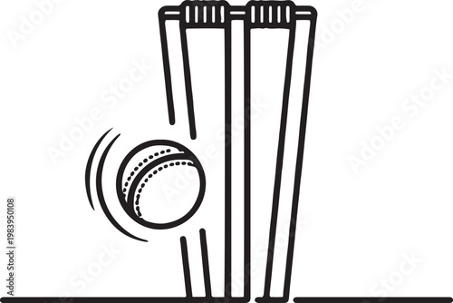 Minimal line art illustration of a cricket ball hitting the stumps, capturing a wicket moment. one line icon drawing vector