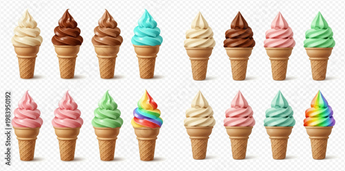 Collection of various colorful soft serve ice cream cones, including vanilla, chocolate, strawberry, mint, blue raspberry, and rainbow flavors, isolated on a transparent background.