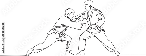 Single continuous line drawing of two young sportive judoka fighter men practice judo skill at dojo gym center. one line icon drawing vector