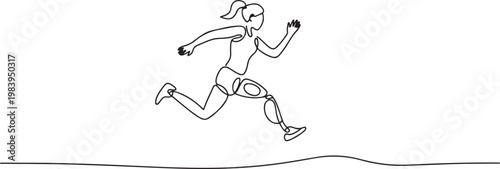 Single one line drawing female athlete amputee on prosthetic leg long jump competition at athletics. one line icon drawing vector