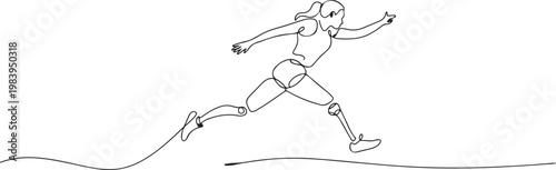 Single one line drawing female athlete amputee on prosthetic leg long jump competition at athletics. one line icon drawing vector
