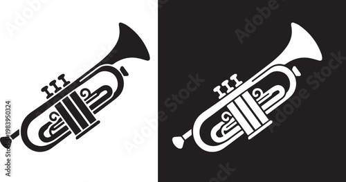 striking black and white  silhouette of a trumpet musical instrument silhouette